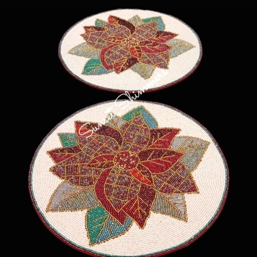 x4 Beaded Plaid Check POINSETTIA Christmas Placemat Chargers New Cynthia Rowley - Picture 2 of 4